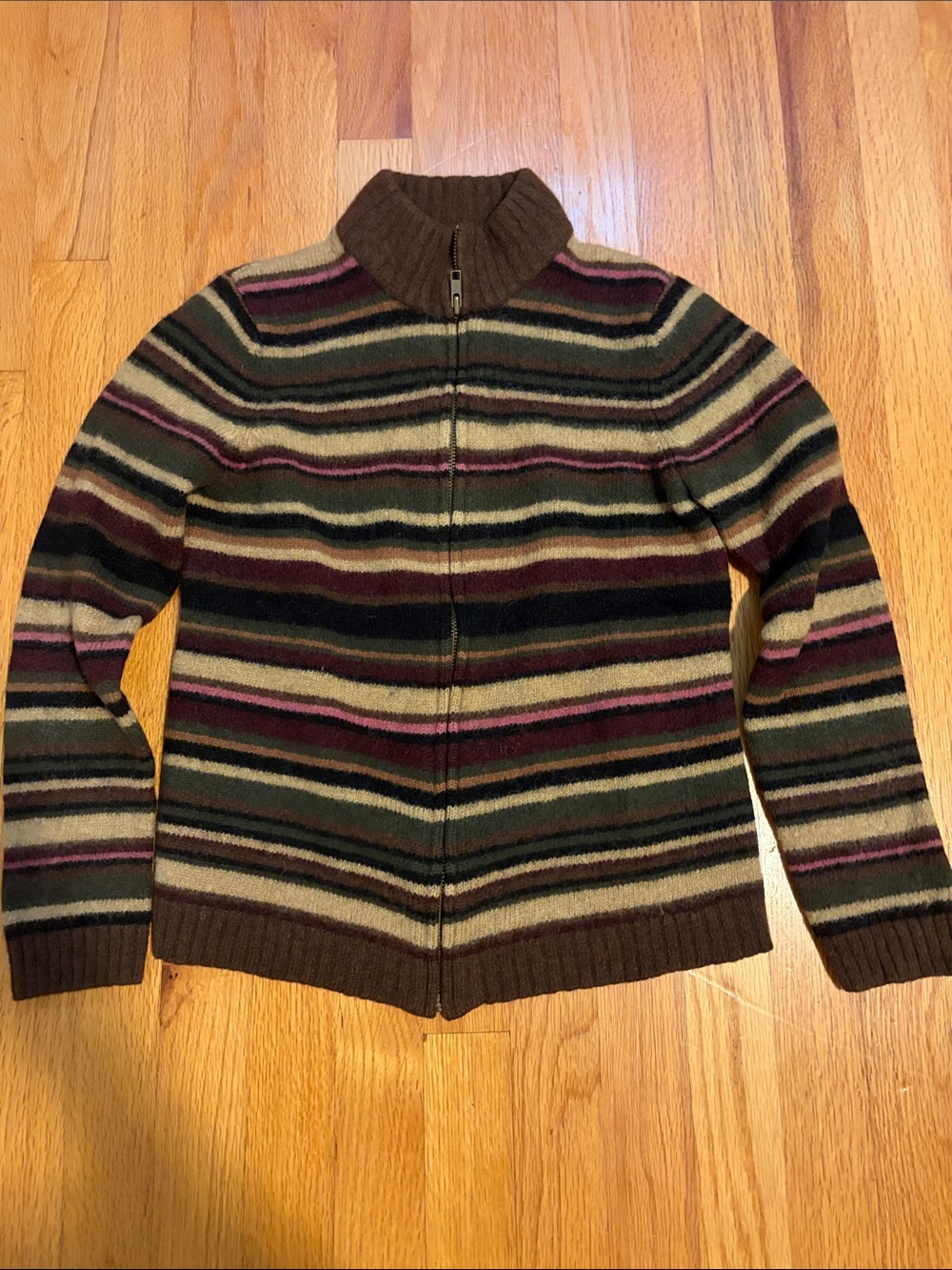 90s Jones New York Women’s 100% Wool Zip Up Striped Sweater